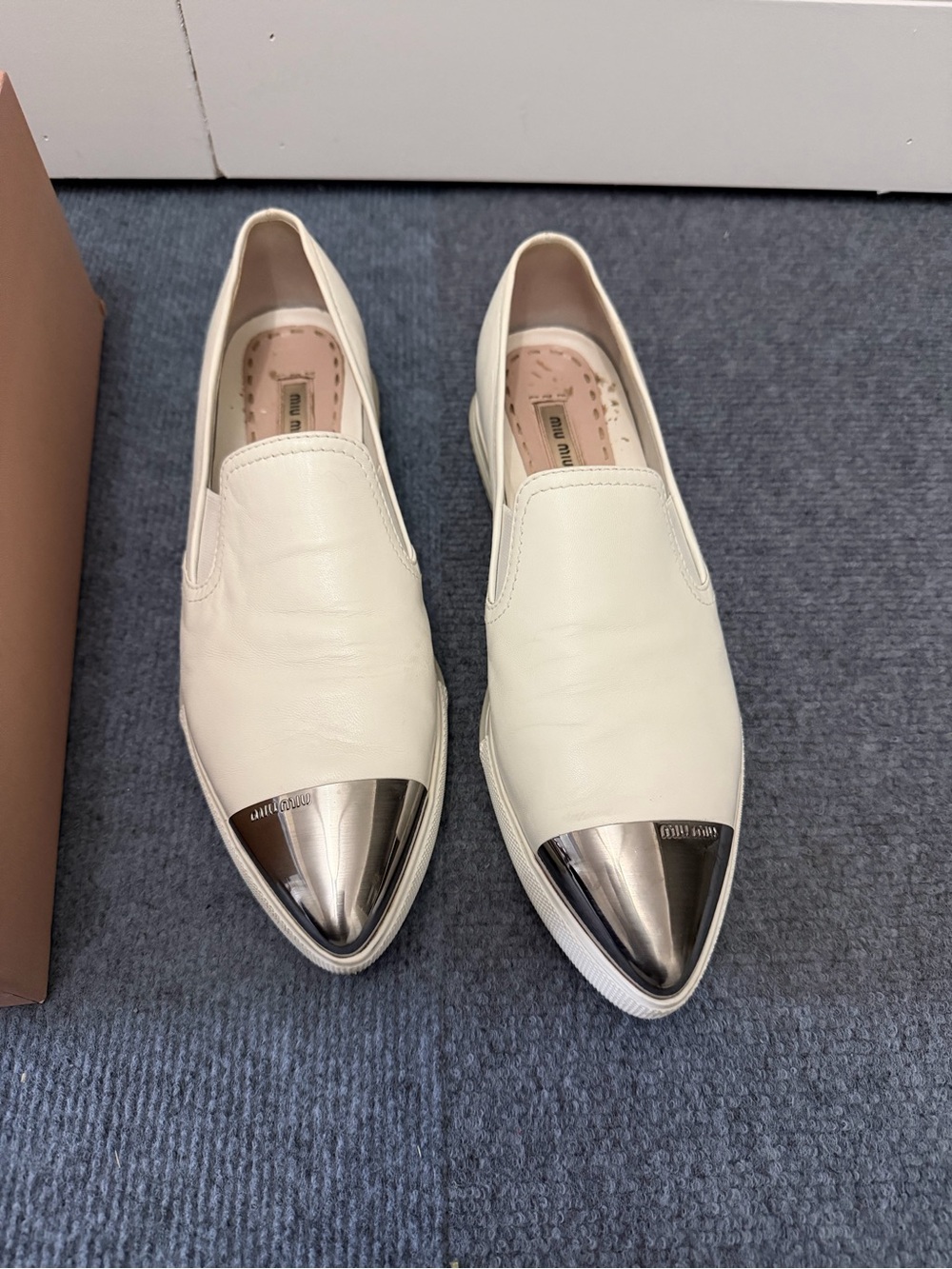 Miu Miu White Slip-On Pointed Flats with Silver Toe Caps